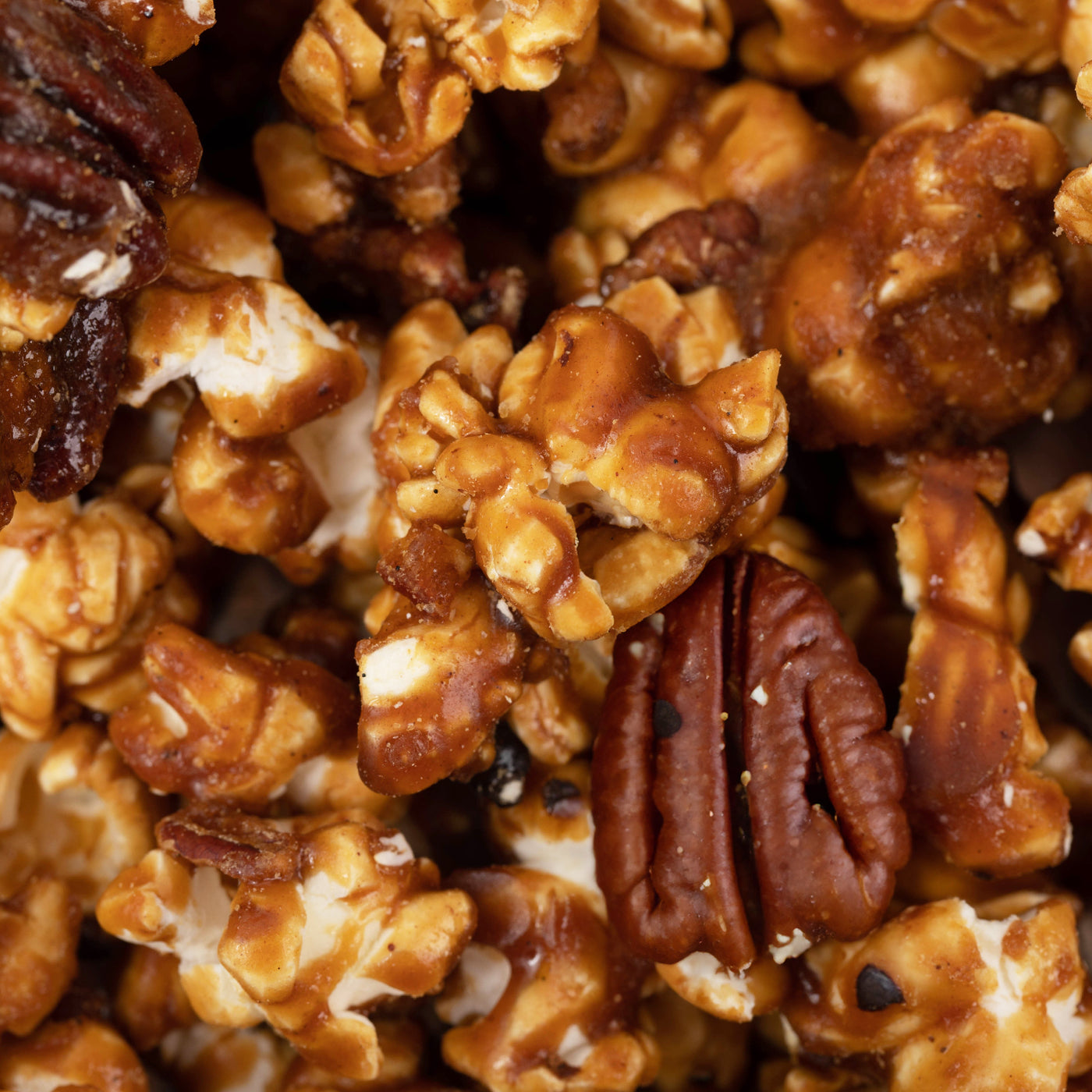 Close-up of caramel popcorn with pecans