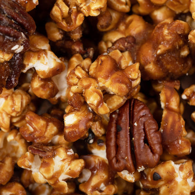 Close-up of caramel popcorn with pecans
