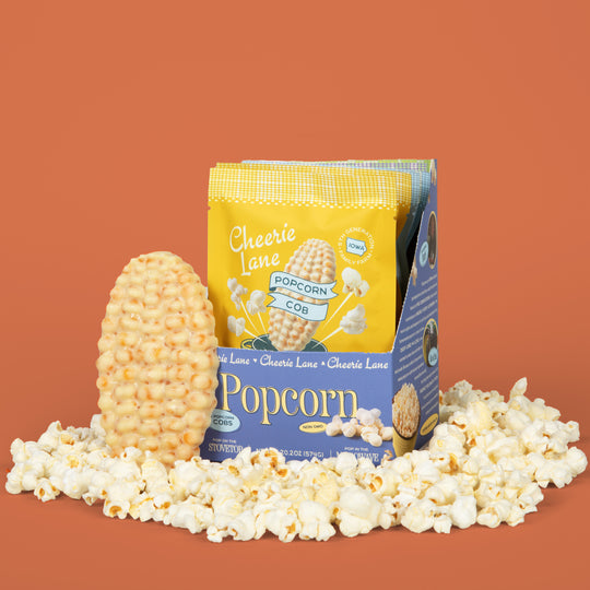 Popcorn kernel, popcorn, and 'Cheerie Lane' popcorn packaging on a brown background