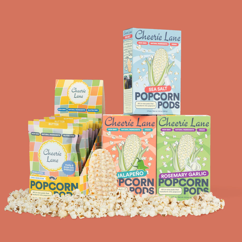 Cheerie Lane popcorn pods packaging on a red background