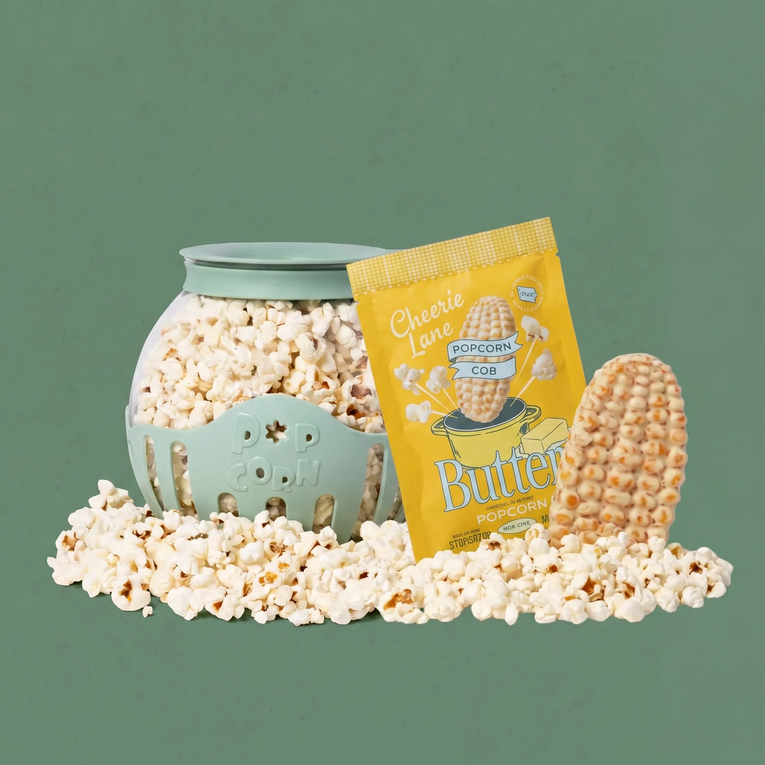 Popcorn in a teal container with a yellow 'Cheerie Lane' popcorn bag on a green background